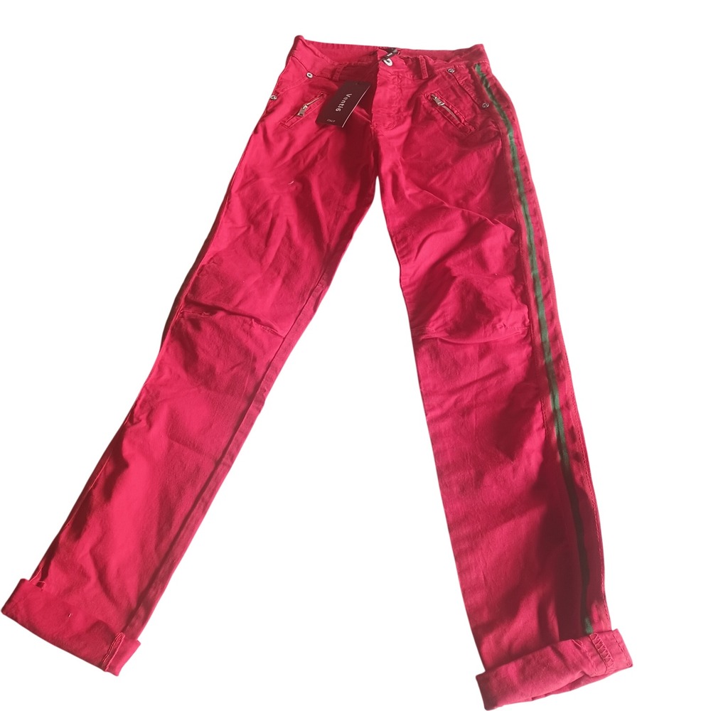 Venti6 Italy Womens Red Slim Fit Pants Green Side Stripe Art 12094 Size S/8 NWT